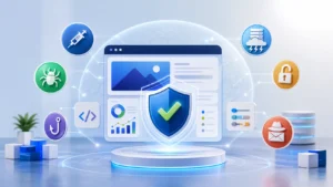 Illustration of a secured website dashboard surrounded by common website security threats