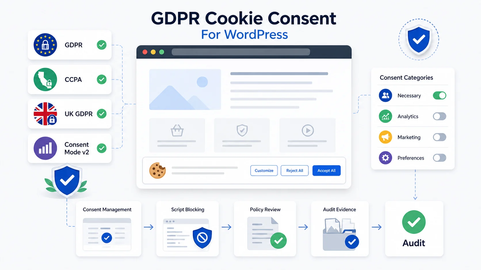 GDPR Cookie Consent for WordPress: Audit, Banner & CCPA Setup 1 GDPR cookie consent workflow for a WordPress website.