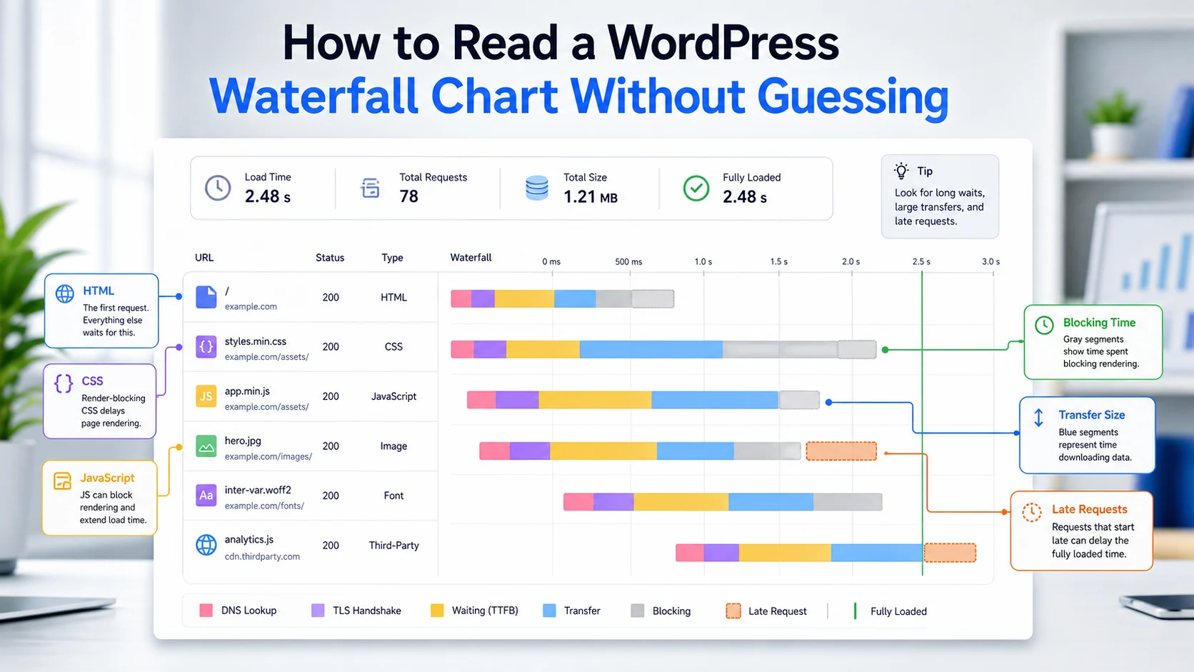 How to Read a WordPress Waterfall Chart Without Guessing 1 Annotated WordPress waterfall chart showing request timing and slow page resources