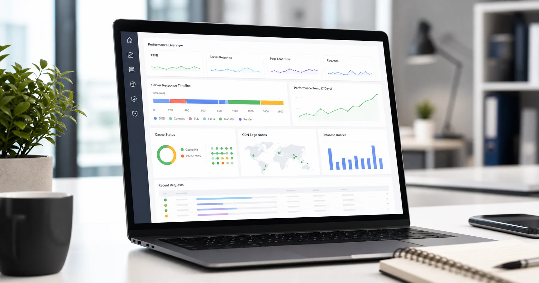 How to Reduce TTFB on WordPress: A Server Response Time Playbook 1 WordPress TTFB optimization dashboard showing server response time and cache status