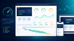 Website performance testing dashboard with speed metrics, device checks, and waterfall timeline