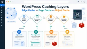 WordPress caching layers decision tree for edge cache, page cache, object cache Redis, and fragment cache