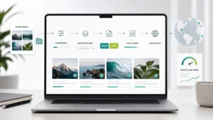 WordPress image optimization workflow showing WebP, AVIF, compression, lazy loading, and CDN delivery