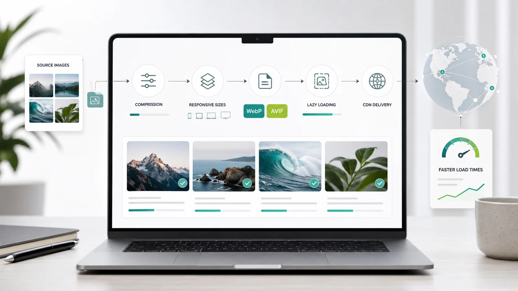 Image Optimization Workflow For WordPress: WebP, AVIF, CDN 1 WordPress image optimization workflow showing WebP, AVIF, compression, lazy loading, and CDN delivery