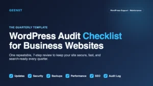 Quarterly WordPress audit checklist template covering updates, security, backups, performance, and SEO for business websites
