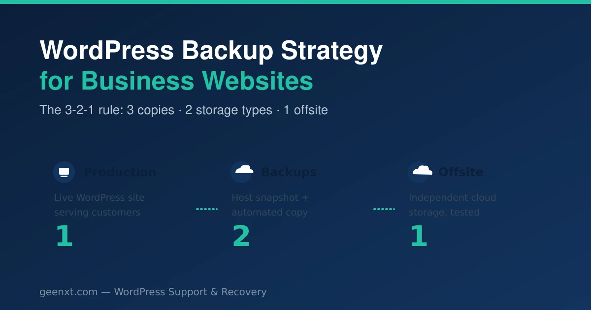 WordPress backup strategy diagram showing the 3-2-1 rule with production, host and cloud, and offsite copies
