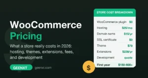 WooCommerce pricing breakdown showing store cost line items: hosting, domain name, SSL certificate, theme, extensions, and development