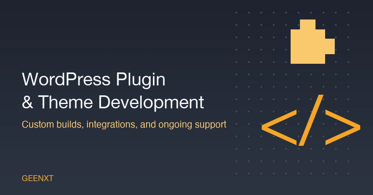 WordPress Plugin Development Services for Business Websites 1 Custom WordPress plugin and theme development services, code brackets and a puzzle piece representing a custom plugin build