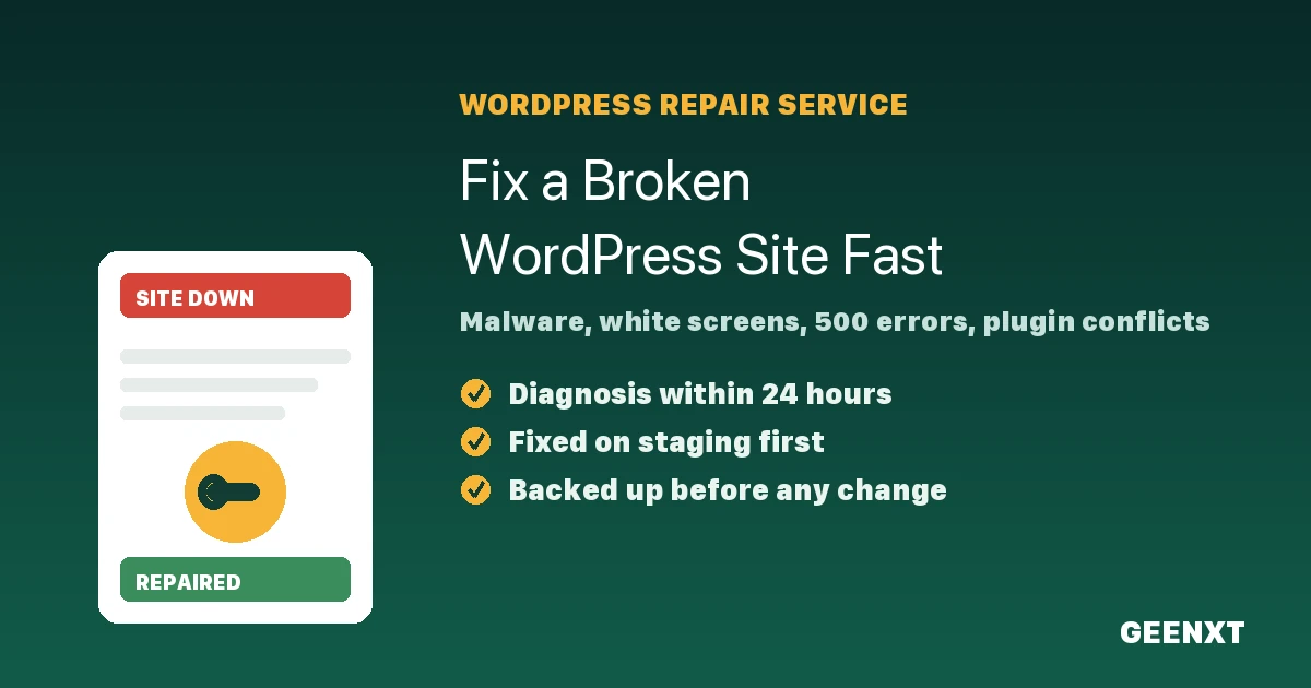 WordPress Website Repair Service: Fix a Broken Site Fast 2 GEENXT WordPress website repair service fixing a broken WordPress site from site down to repaired