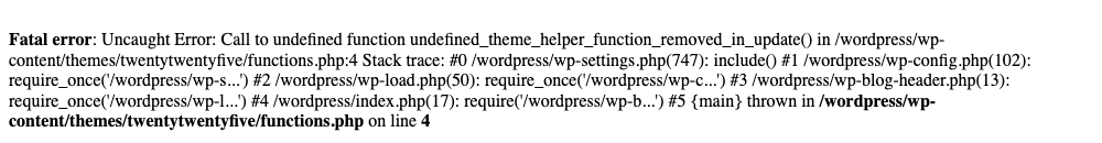 A raw PHP fatal error from a broken WordPress theme, showing the exact theme file and line number that failed