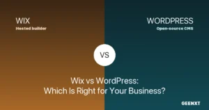Wix vs WordPress comparison graphic showing hosted builder versus open-source CMS for business websites