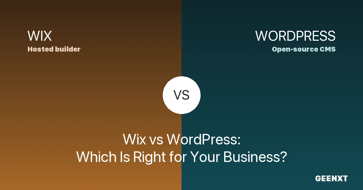 Wix vs WordPress: Which Should You Choose for Your Business Website? 2 Wix vs WordPress comparison graphic showing hosted builder versus open-source CMS for business websites